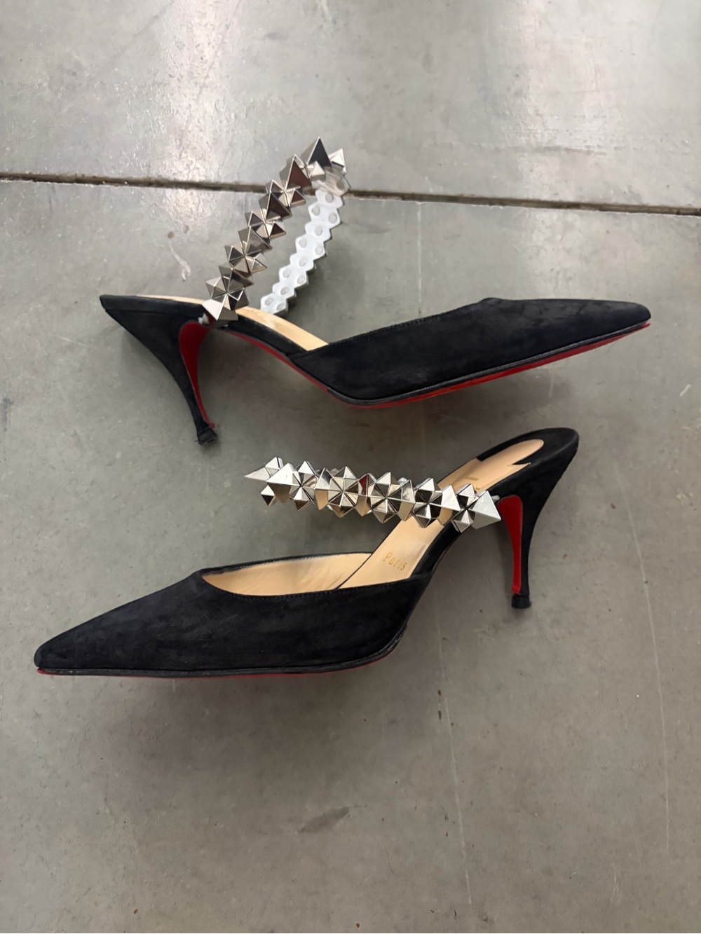 CHRISTIAN LOUBOUTIN BLACK SUEDE SILVER STUDDED ANKLE STRAP POINTED TOE HEELS - Picture 5 of 12